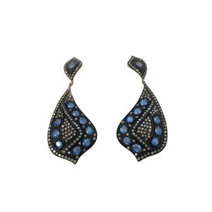Genuine Sapphire & Diamond Paisley Dangling Drop Earrings NEW